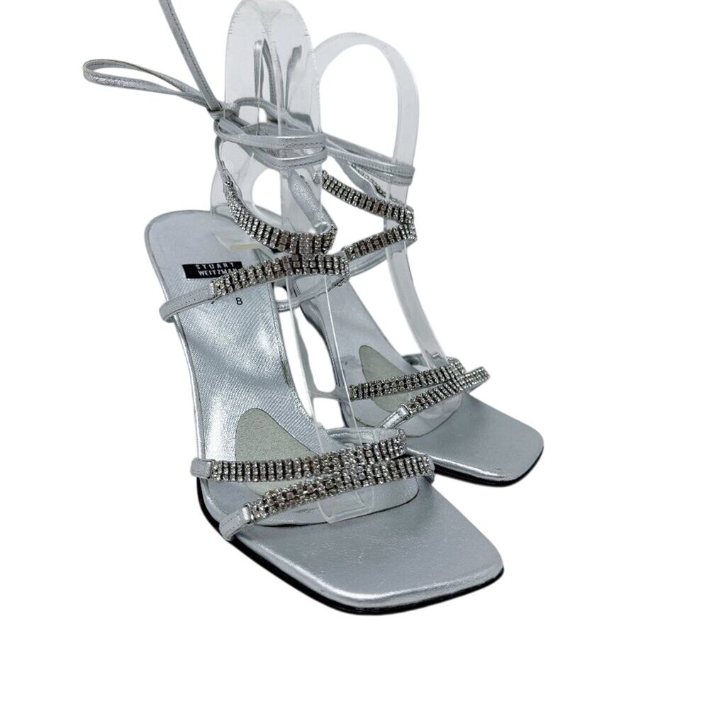 NWOB Stuart Weitzman Metallic Silver Strappy Stiletto Heels w Rhinestones Size 9